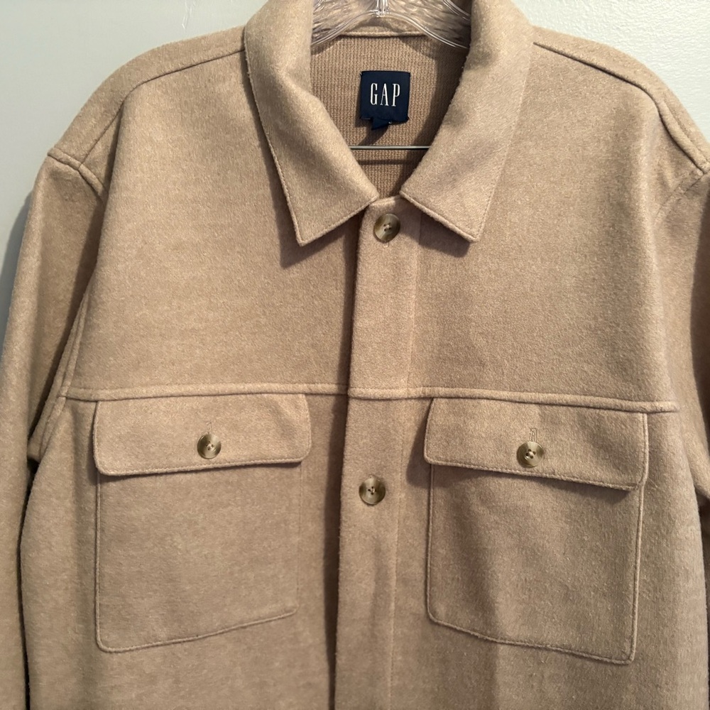 Gap Women’s Wool Blend Cream Tan Shacket Large Button Down Soft Chore Coat - Picture 8 of 15